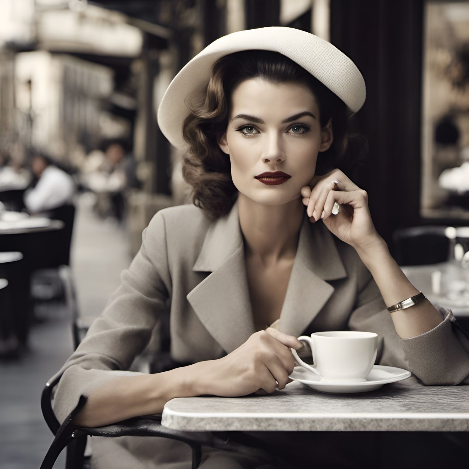 Woman in French Cafe, Inspired by Classic Photography