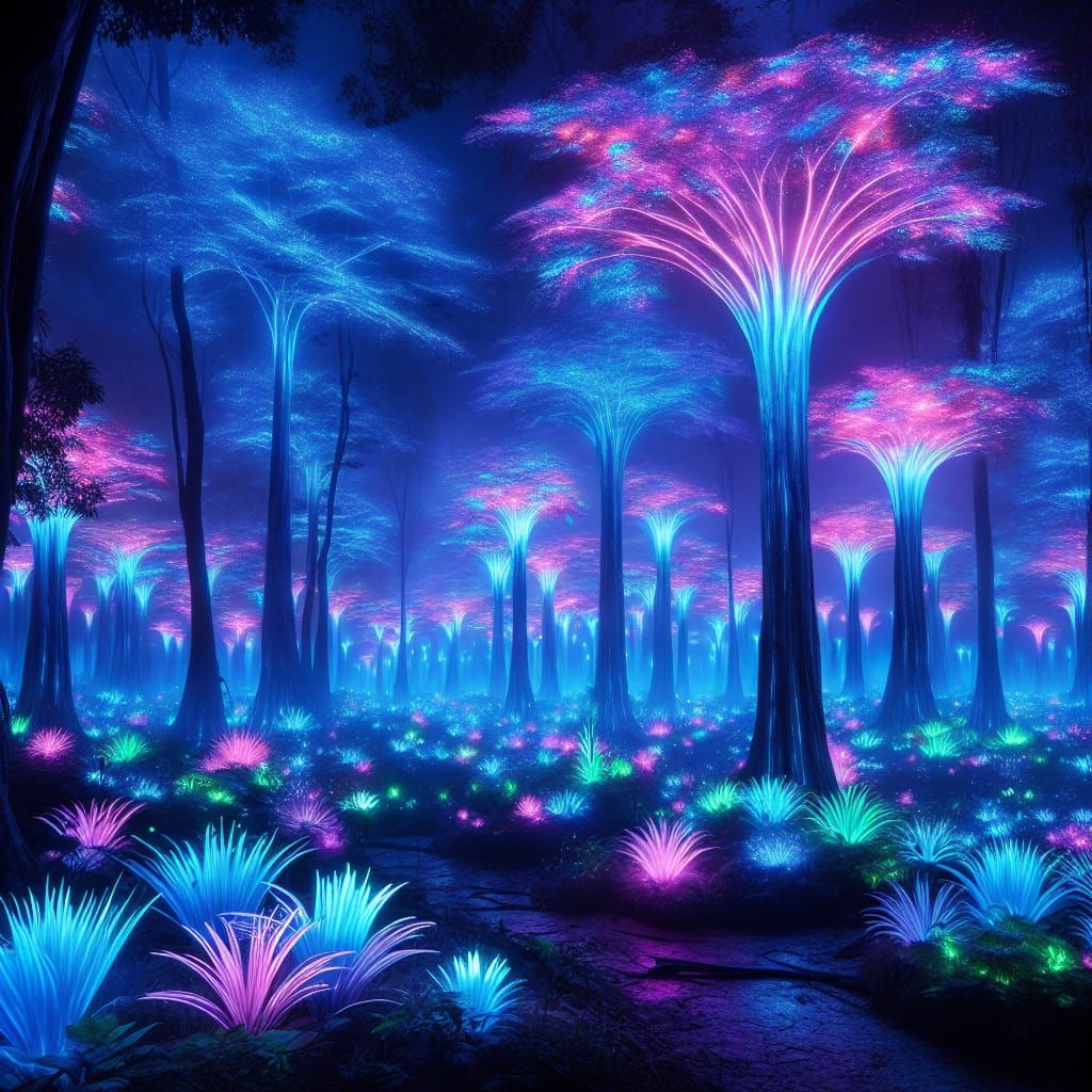 Bioluminescent Alien Forest with Towering Glowing Trees