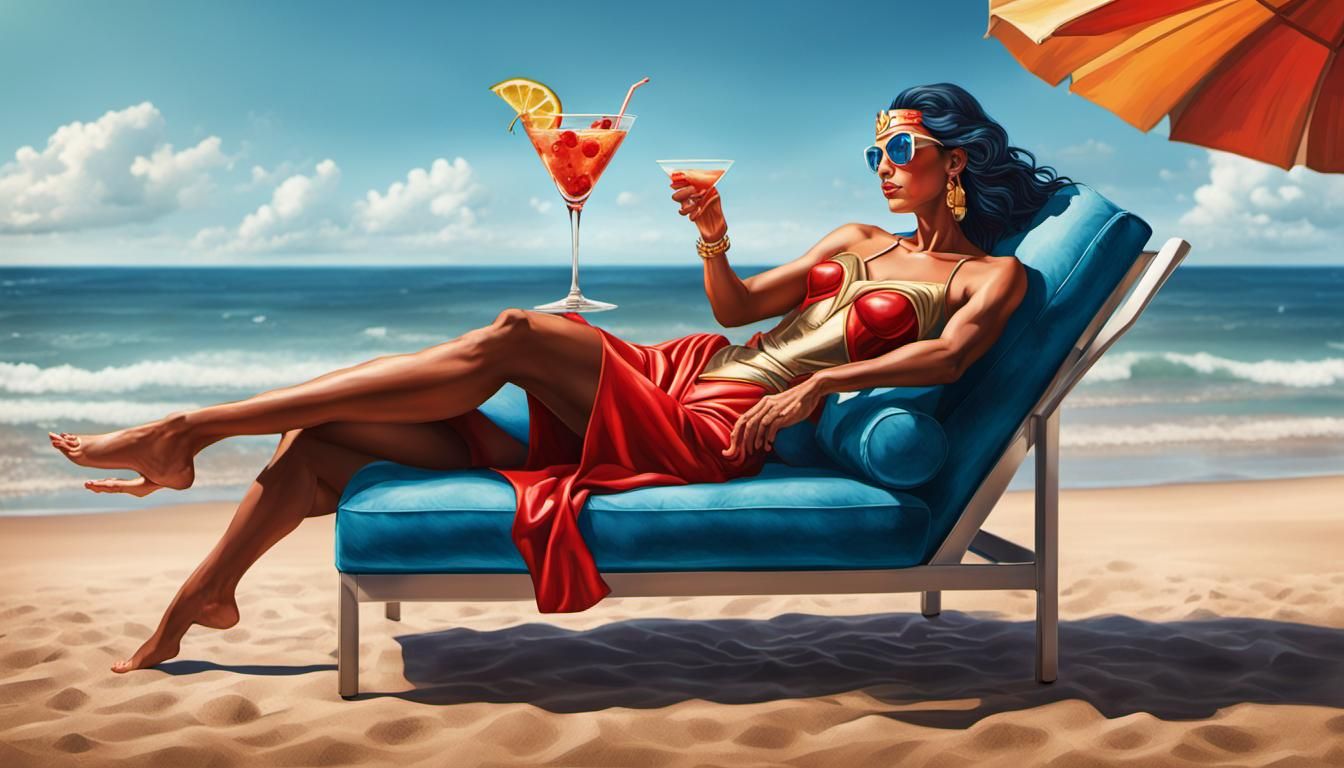 Super Woman Relaxing on Beach in Splash Art Style