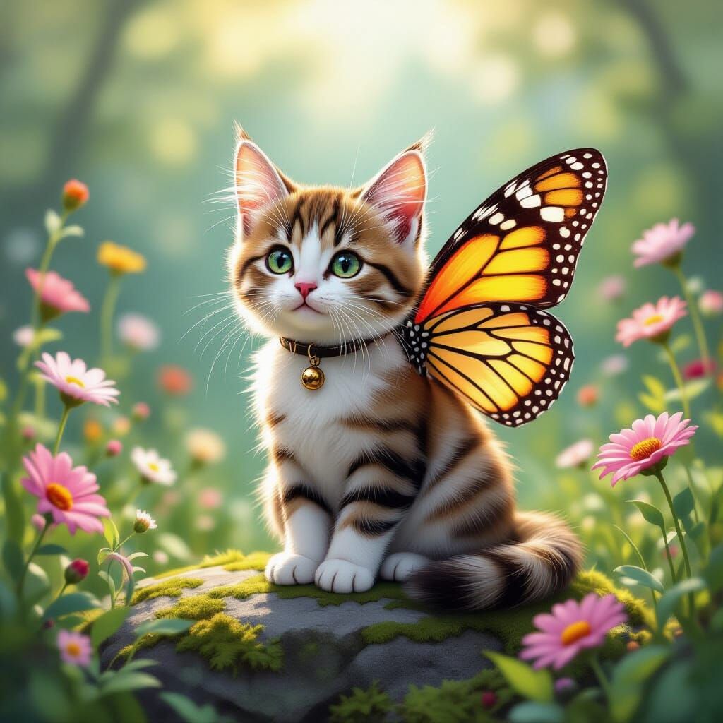 Whimsical Cat with Butterfly Wings in Dreamy Style