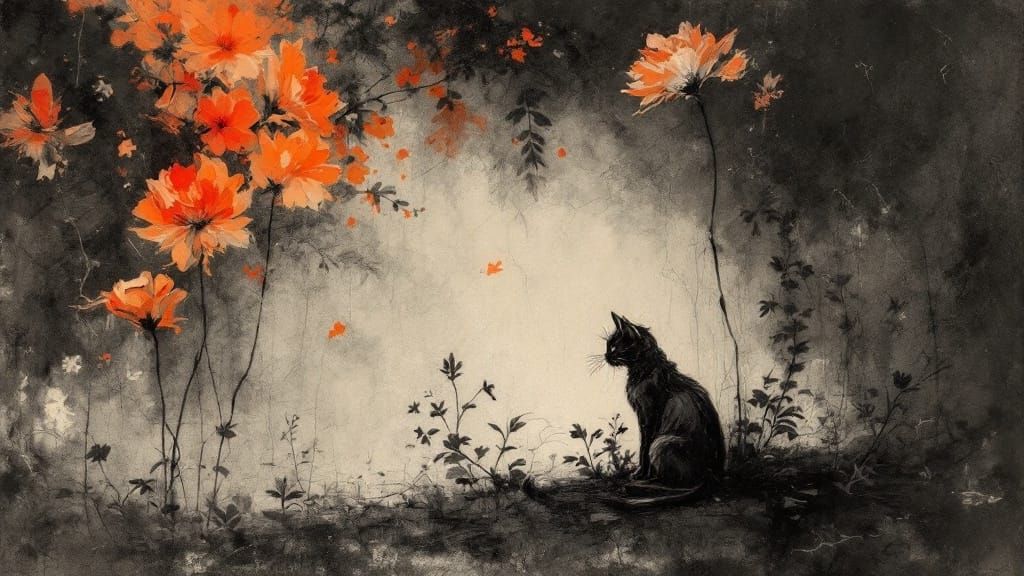Whimsical Feline in Charcoal-Inspired Oil Painting