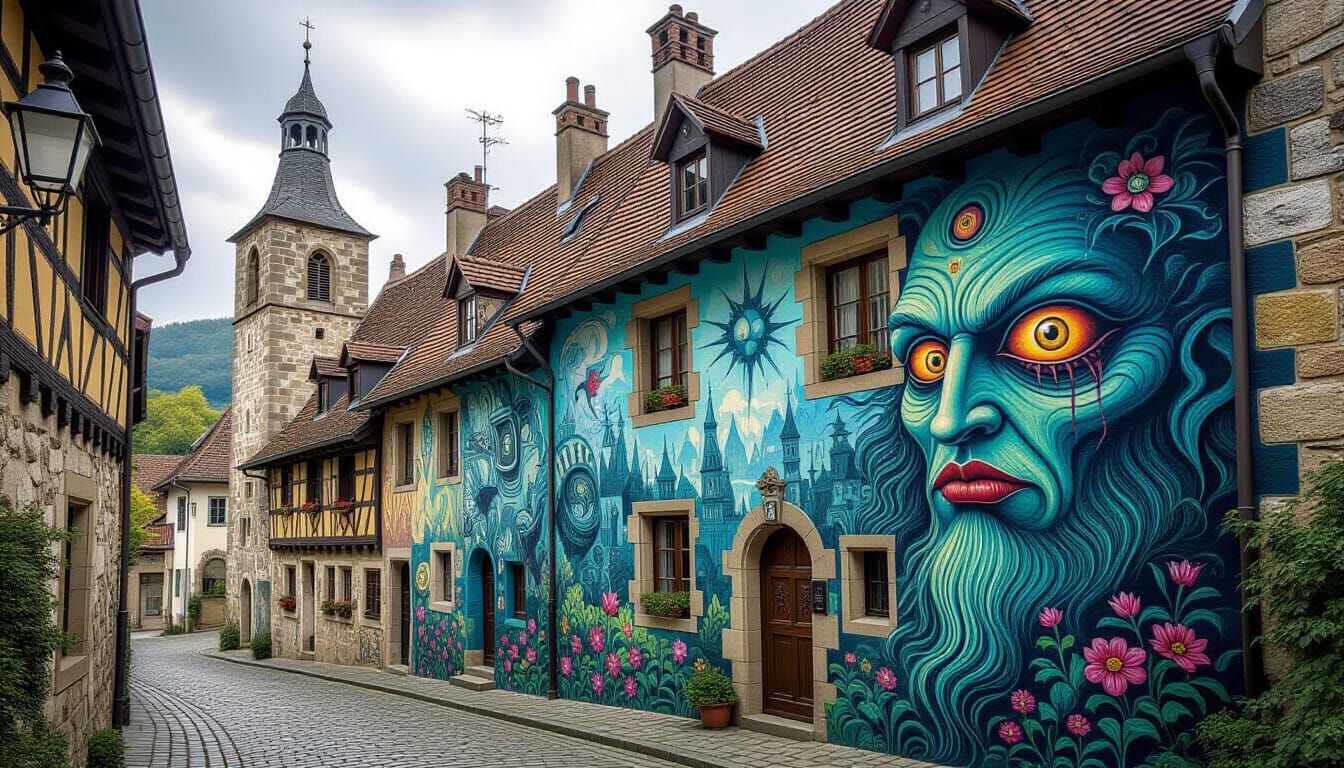 Surreal Street Art on Medieval Village Buildings