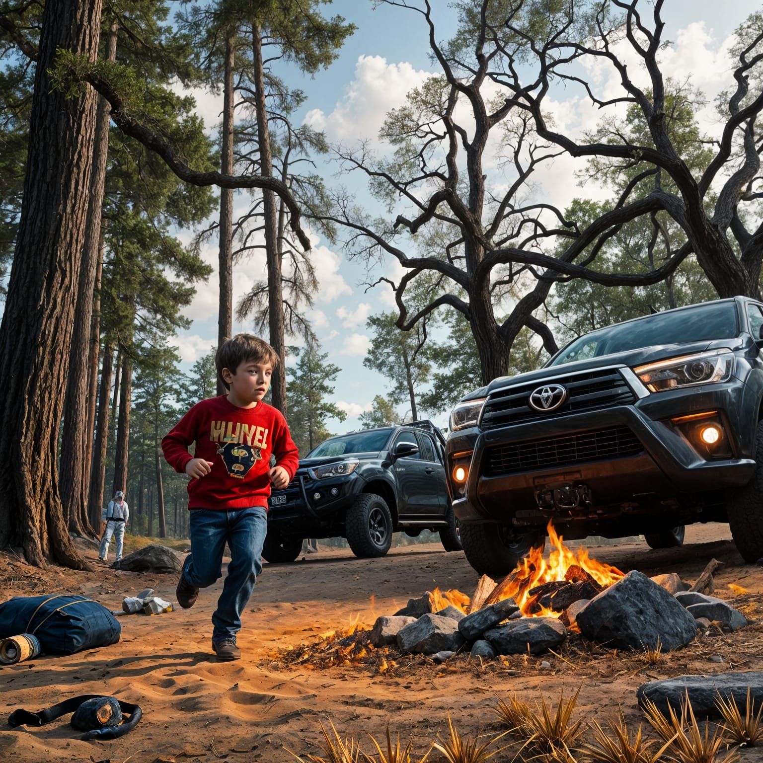 Boy Runs Toward Campfire in Autumn Landscape