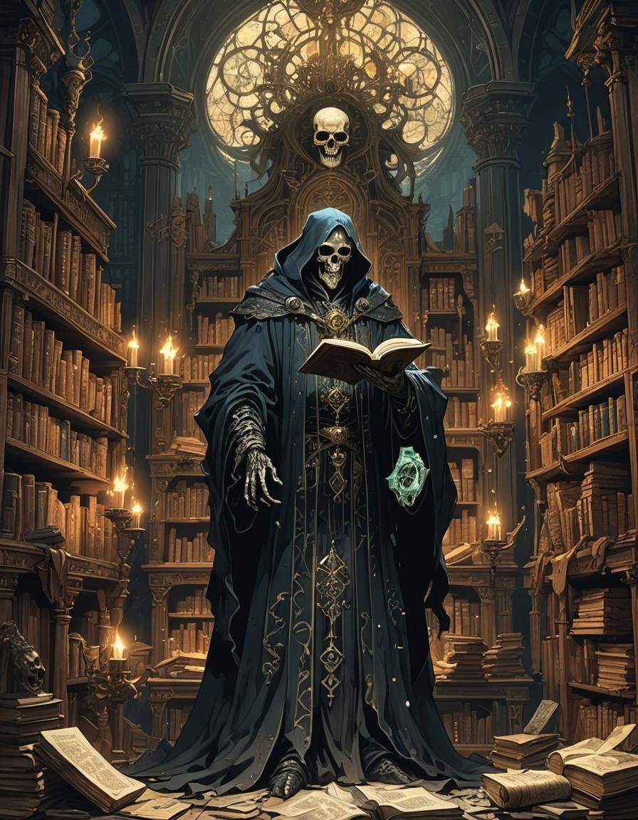 Lich Librarian in Alphonse Mucha Style Library