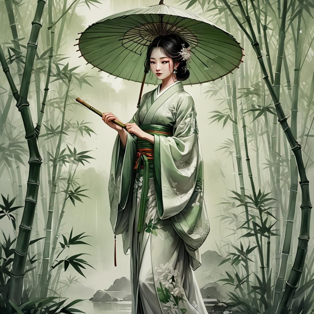 Woman in Traditional Dress, Romantic Manga Style