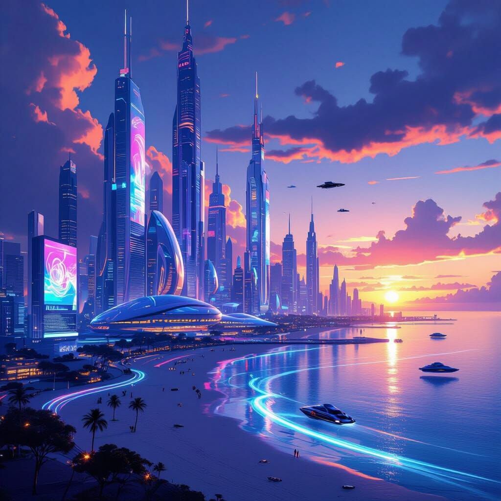 Futuristic Cityscape on Beach at Twin-Sun Sunset