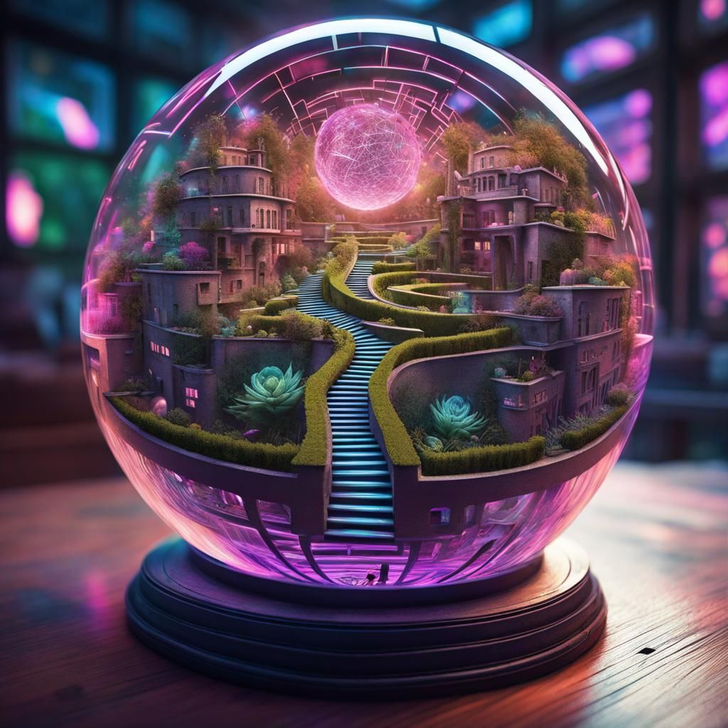 Surreal Cyberpunk Maze Garden in Glass Sphere