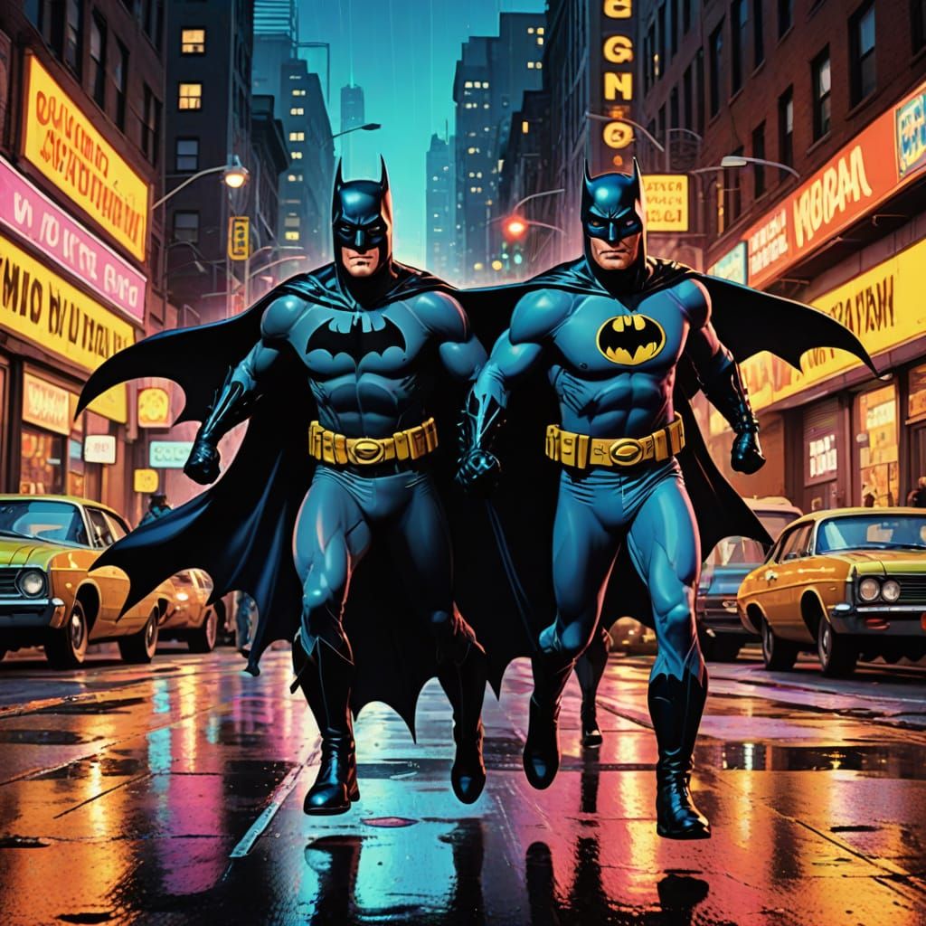Dynamic Retro-Futuristic Gotham City at Dusk in Pop Art Styl...