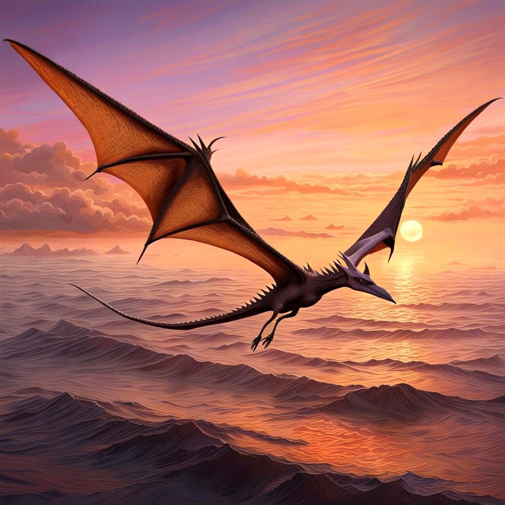 Pteranodon Flies Over Ocean at Sunset