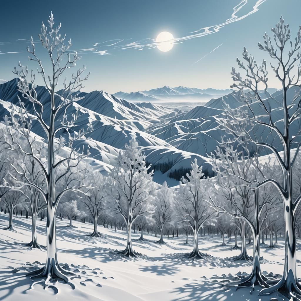 Surreal Chrome Winter Landscape in Futuristic Style