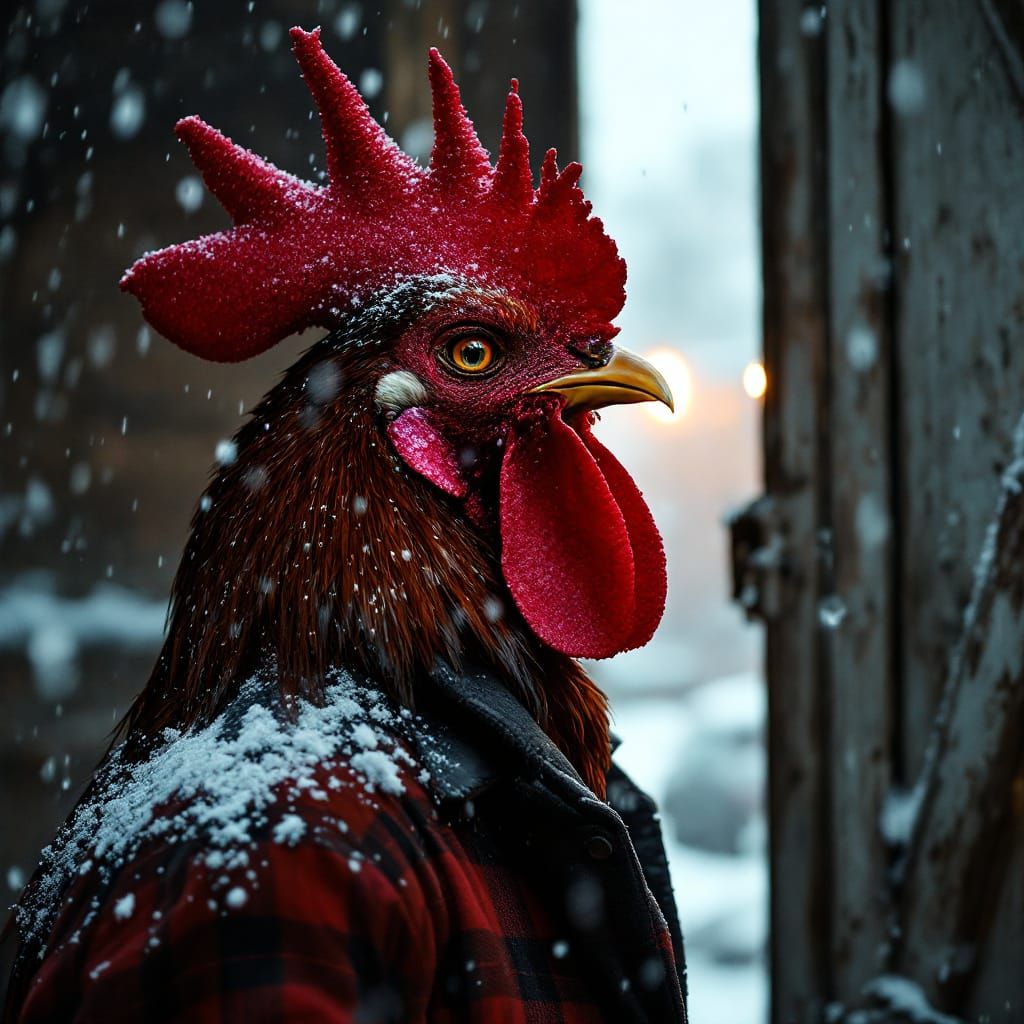 Vibrant Urban Rooster Portrait in Cinematic Blizzard