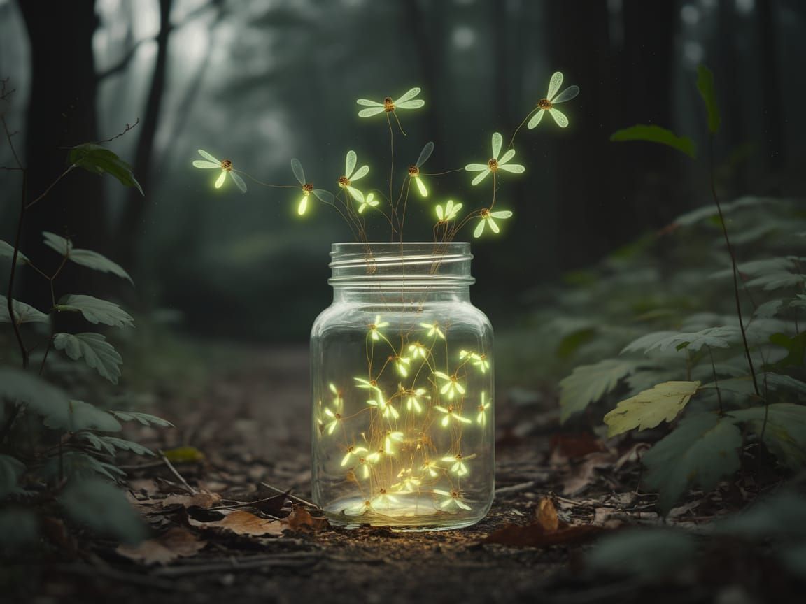 Glowing Fireflies Escape Mason Jar in Dark Forest