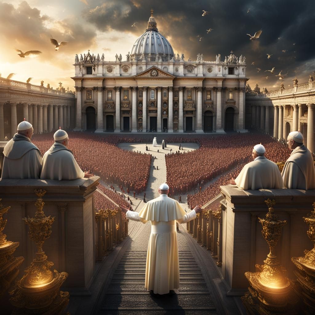 Pope greeting 1000,s people from balcony of the Vatican with angels above