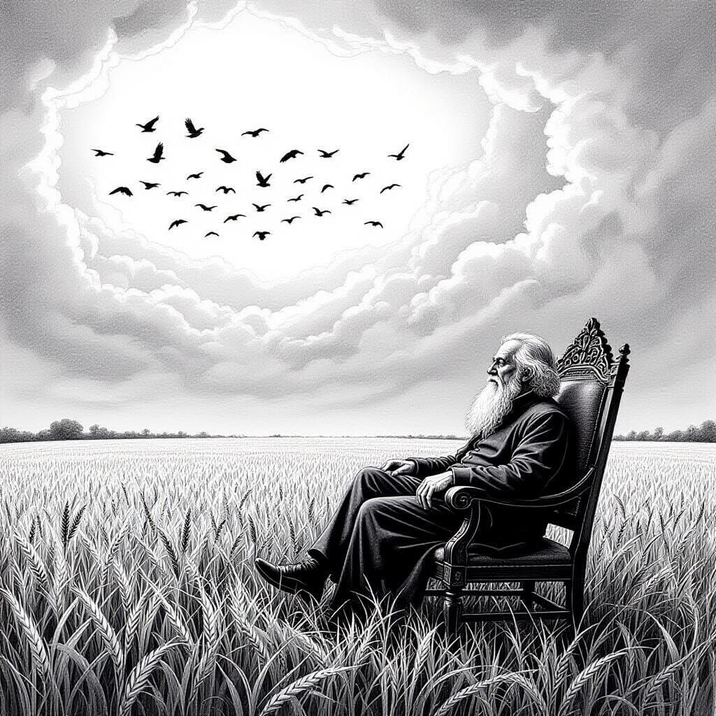 Mad Philosopher Meditating in Stubble Field