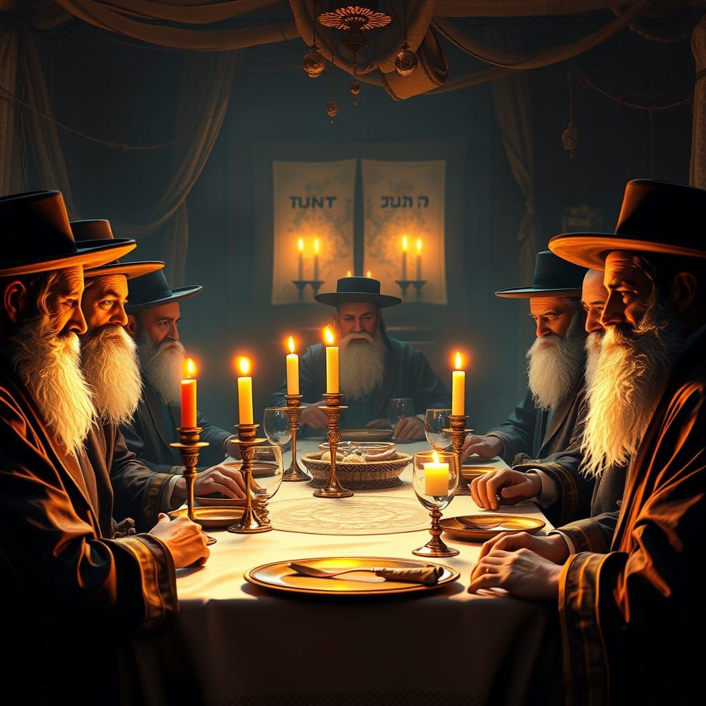 Traditional Orthodox Jewish Men Gather Around Shabbat Table...
