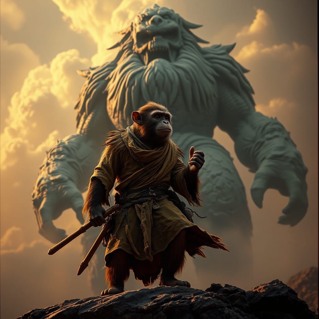 Monkey Hero Confronts God in Ethereal Storm
