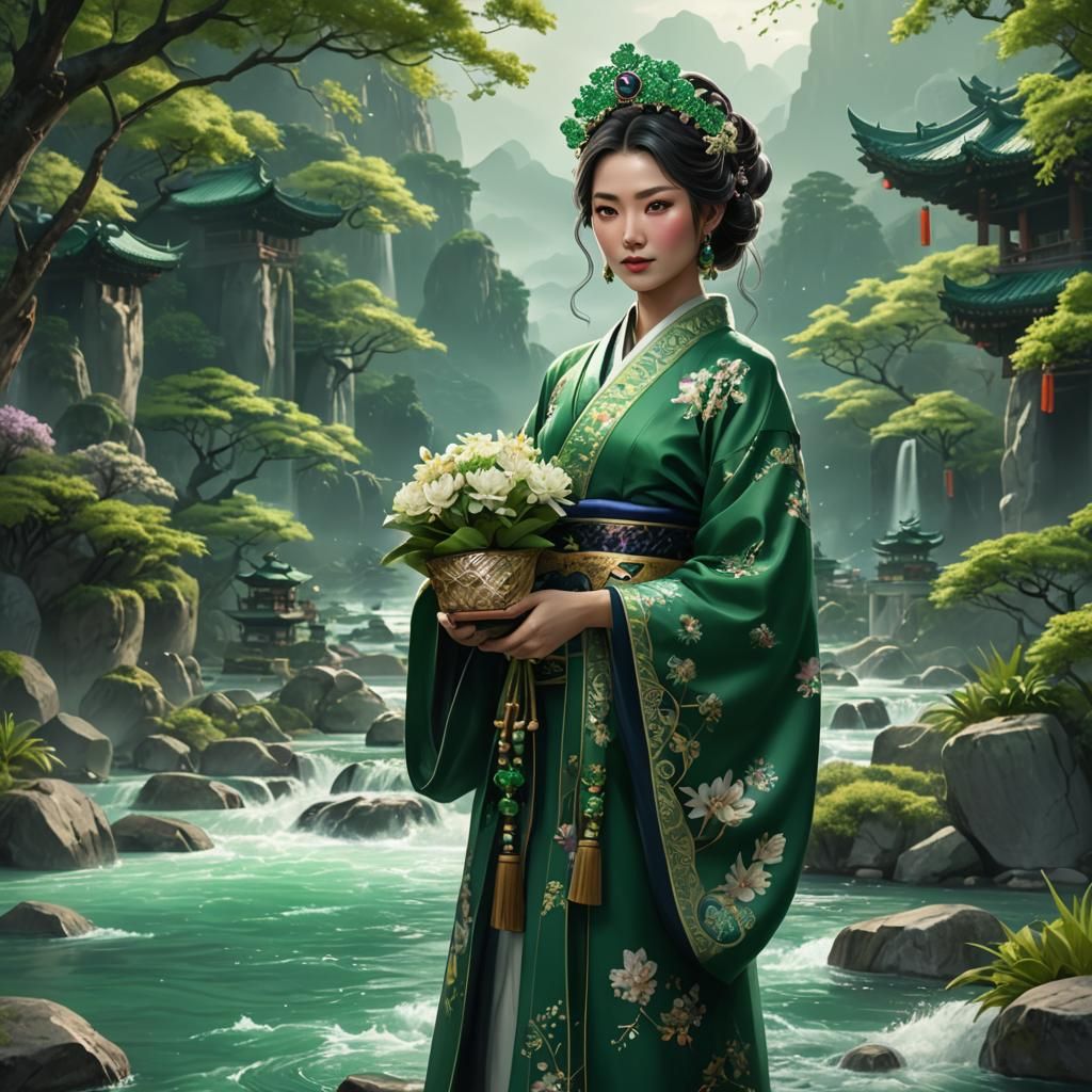 Asian Woman with Emerald Crown by a Jade River