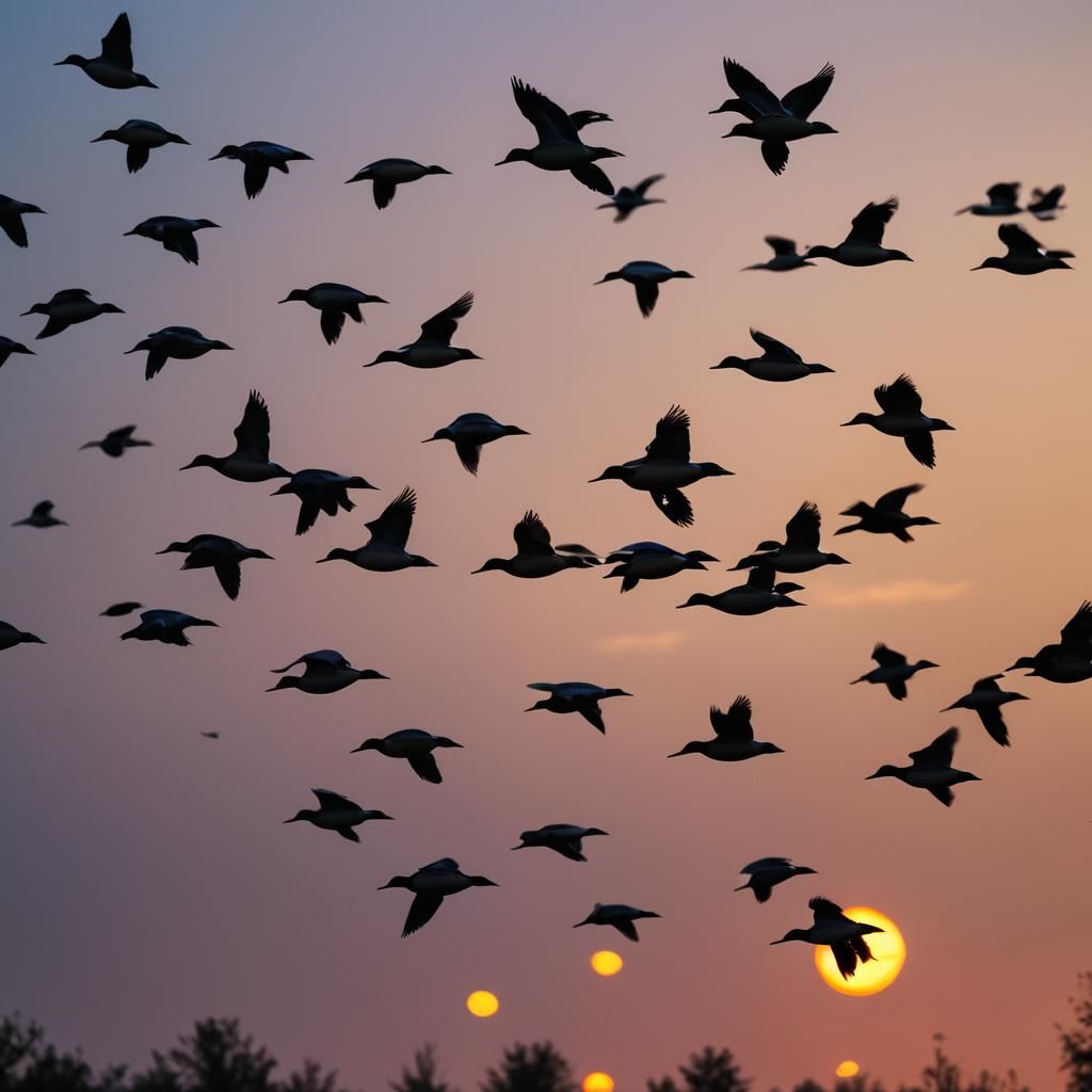 Mallard Ducks Migrating Into a Colorful Sunset