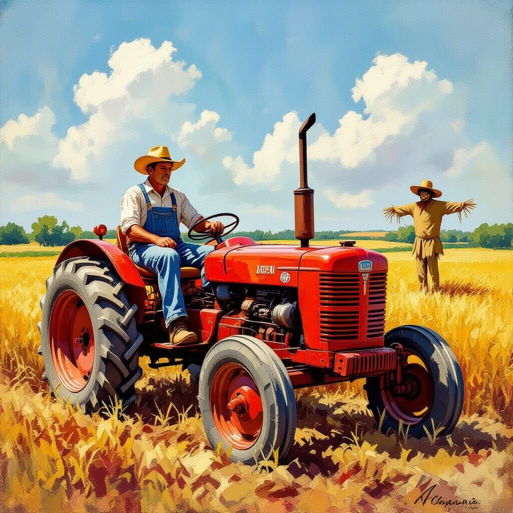 Farmer Plowing Field on Tractor as Impressionist Art