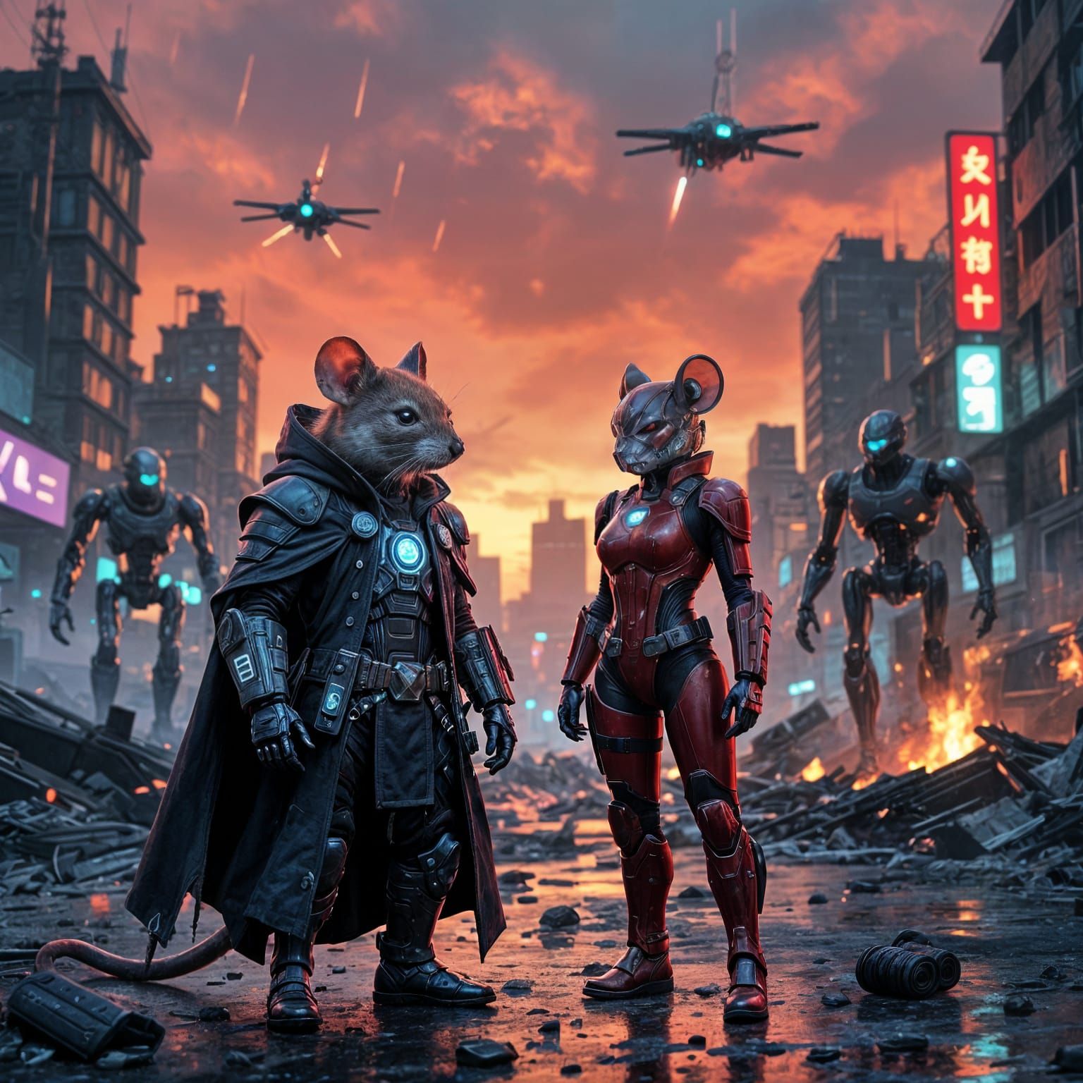 Cyberpunk Mouse Wanderer in Ruined Cityscape