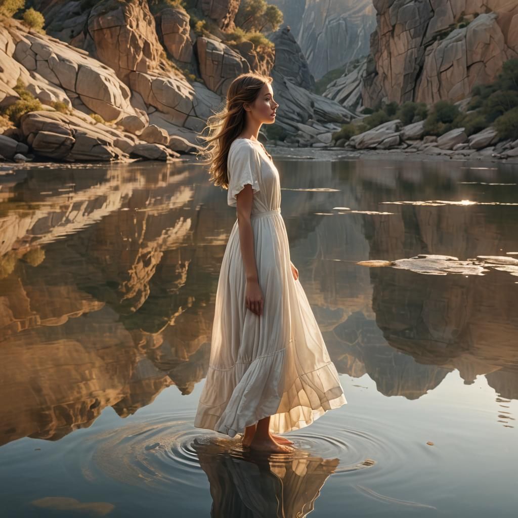 Serene Girl on Water in Fantasy Landscape