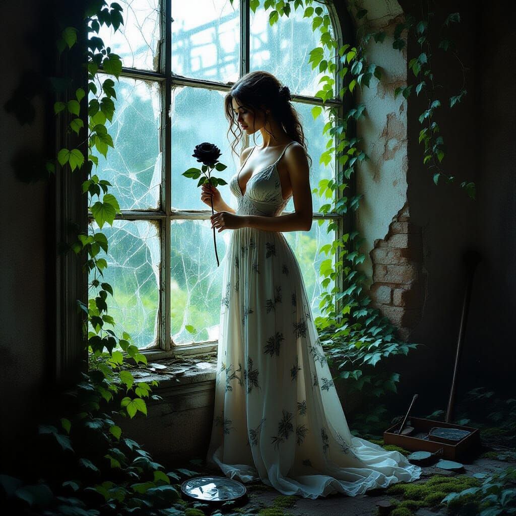 Woman with Rose in Ruined Conservatory, Realistic Style