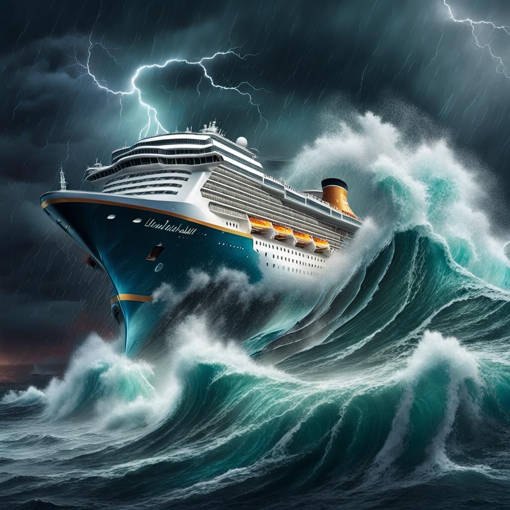 Cruise Ship in Stormy Seas: Hyperrealistic Splash Art