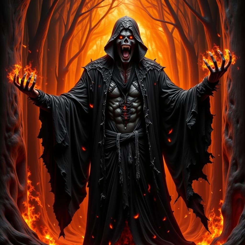 A demonic preacher stands in a fiery pulpit,
