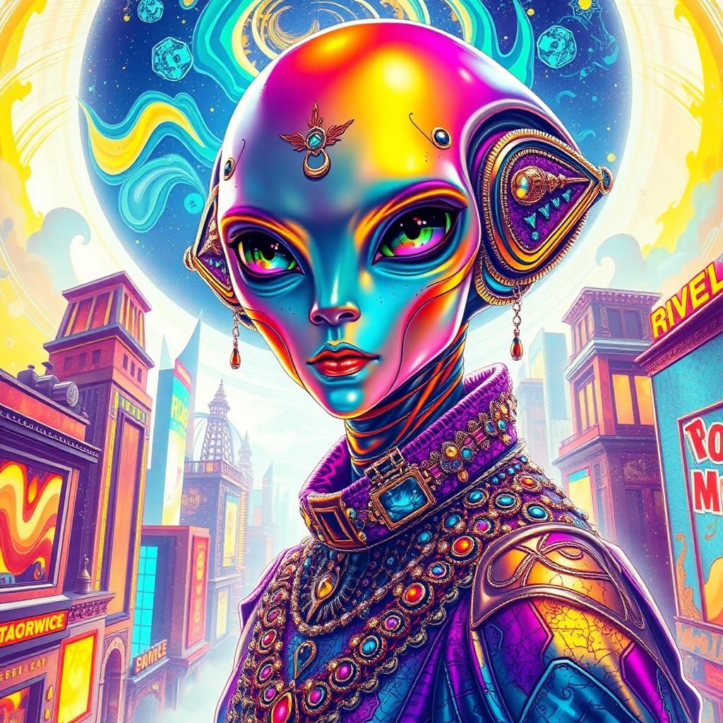 Alien Street Fashion Portrait on Exoplanet, Art Nouveau Styl...