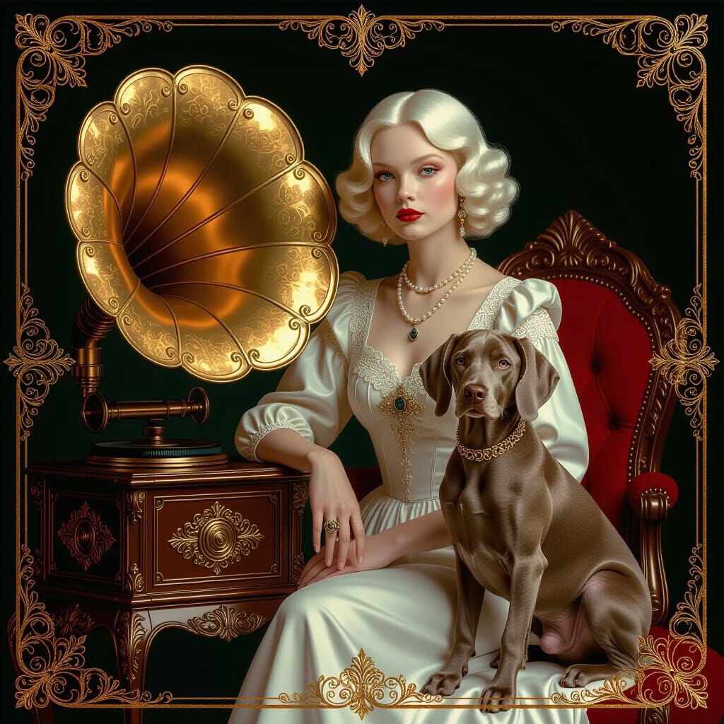 Surreal Art Nouveau Lady and Weimaraner with Gramophone