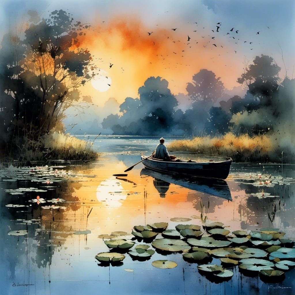 Sunset Serenity: Lakeside Scene in Watercolor Style
