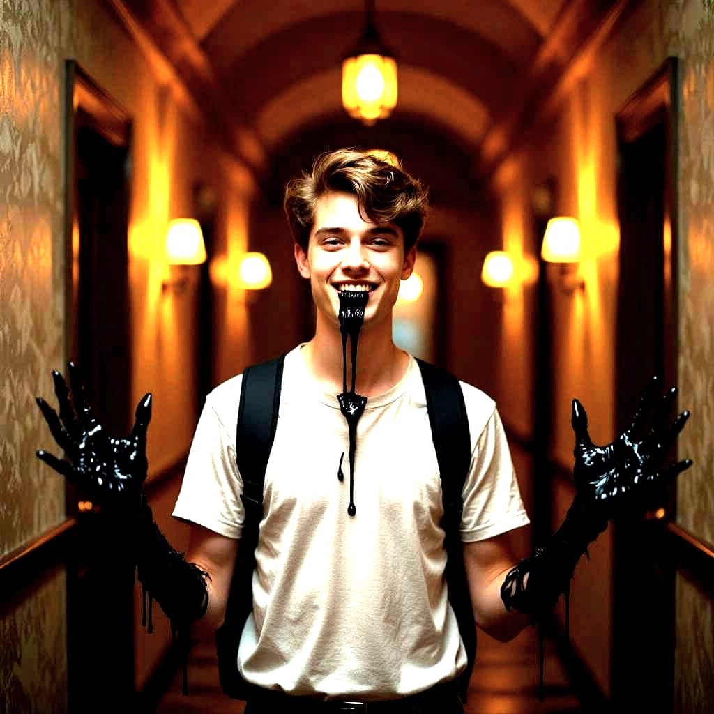 Surreal Hallway Transformation: A Creepy Portrait