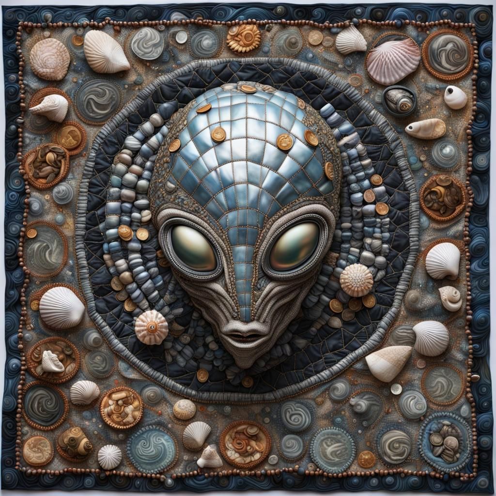 Quilted Alien with Seashells and Coin Moon