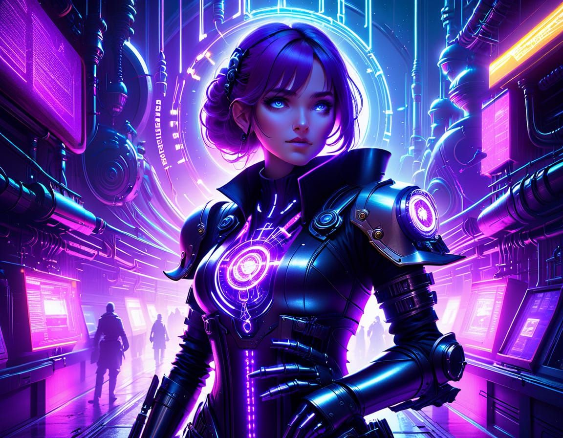 Cyberpunk Mad Scientist with Glass Prosthetic Arm in Neon Al...