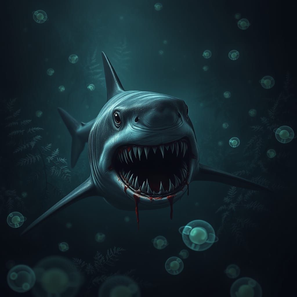Gothic Horror Shark in Bioluminescent Ocean