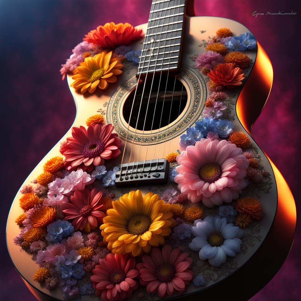 Floral Guitar: Hyperrealistic Dark Fantasy Art