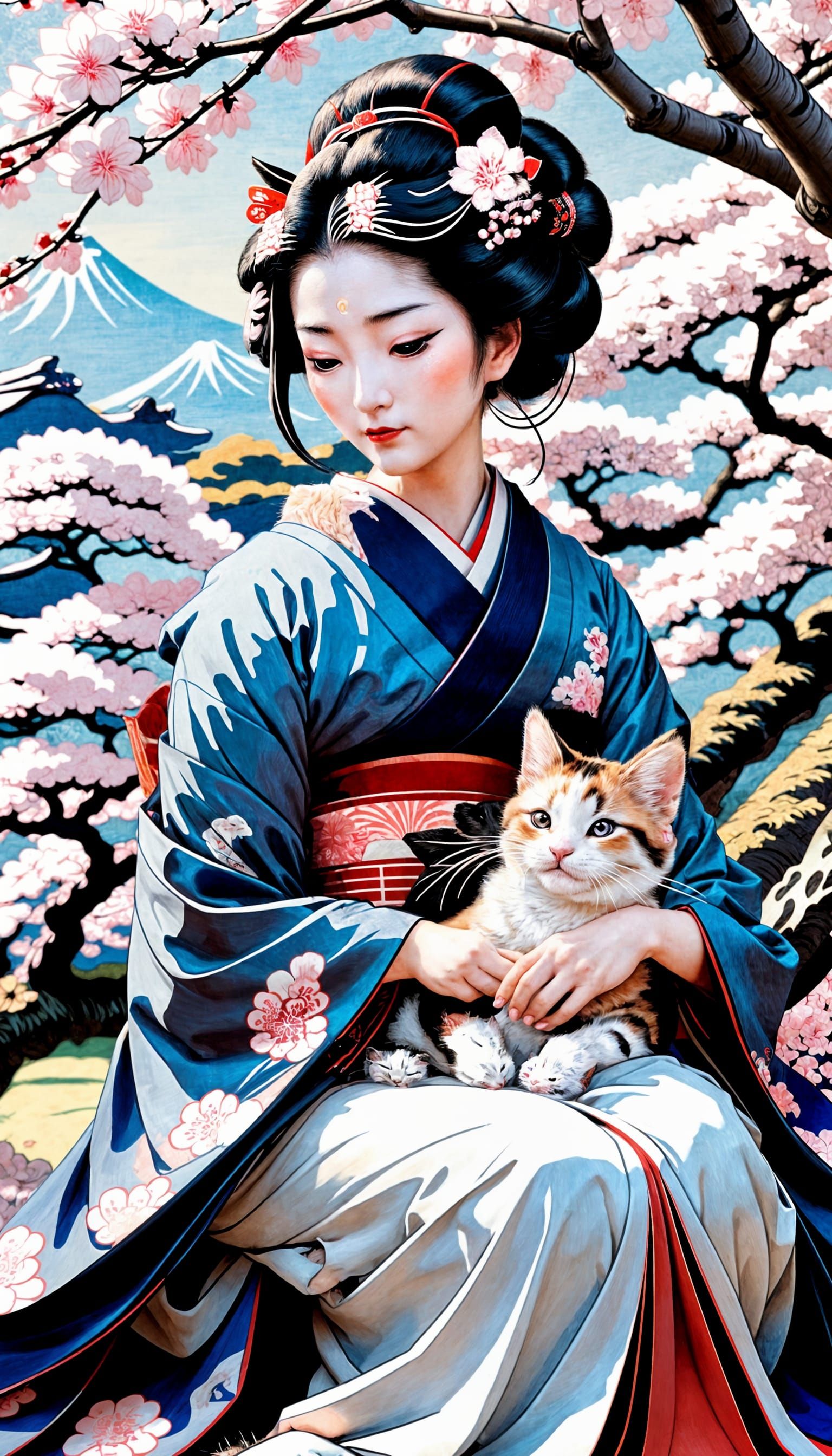 Geisha and Kitten in Ukiyo-e Style Under Sakura Tree