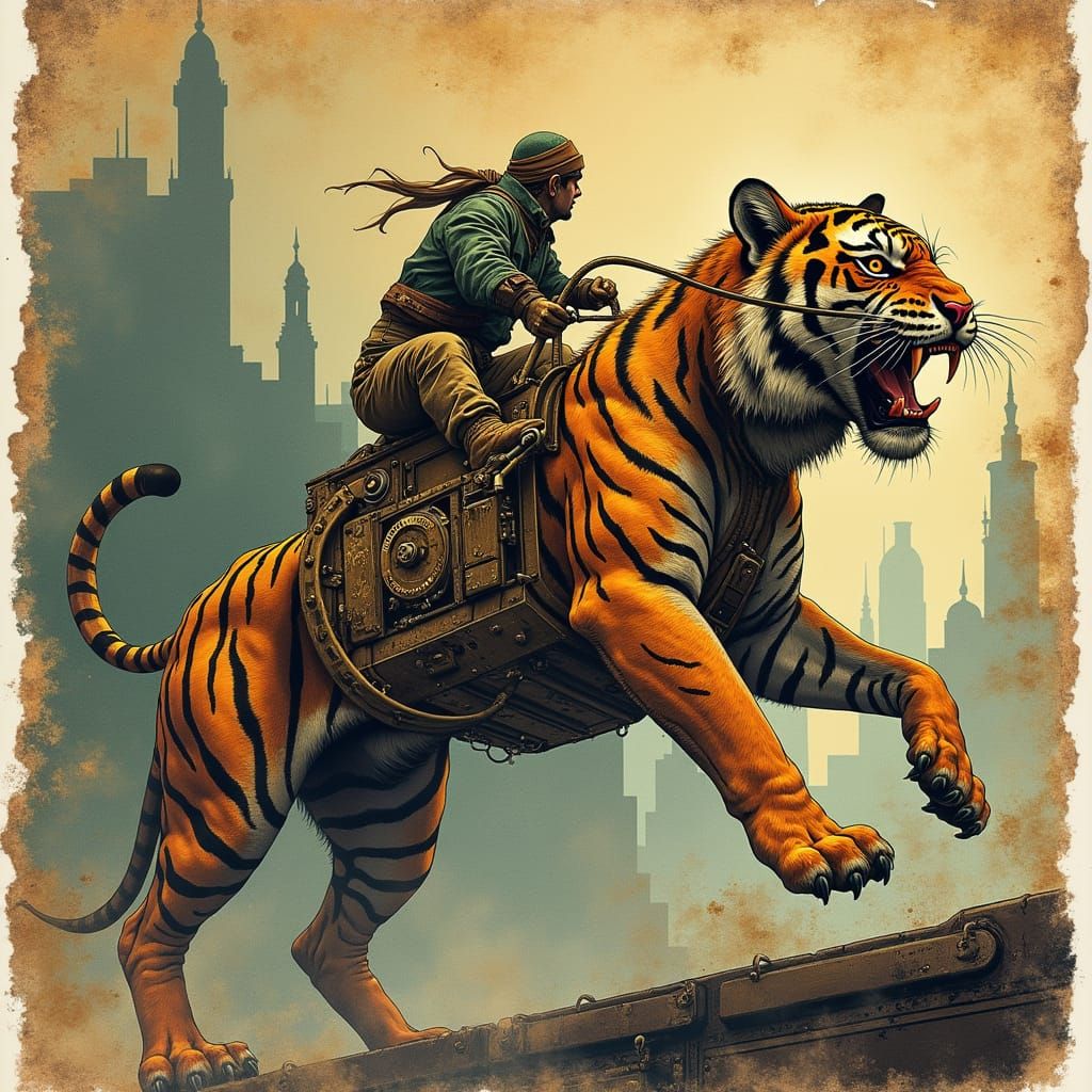 Mechanical Tiger Embarks on Steampunk Journey Through Fading...