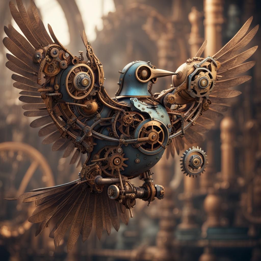Steampunk Bird with Mechanical Wings in Detailed Matte Paint...