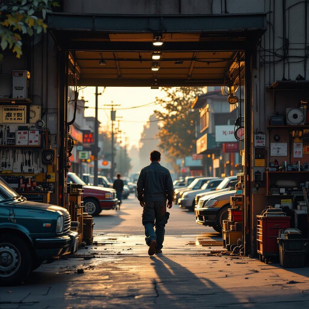 Tired Mechanic Leaves Dim Auto Shop at Golden Hour