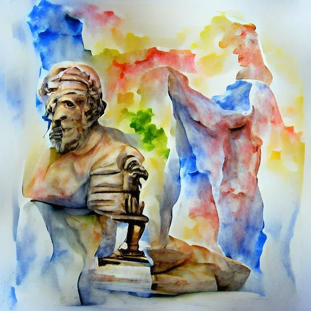 Watercolor Painting of a Greek Philosopher Statue