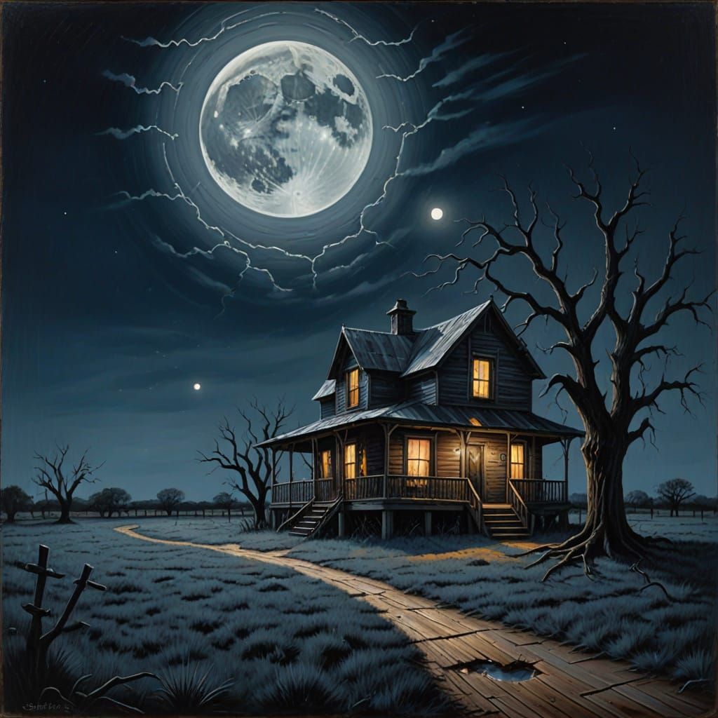 Haunted Texas Farmhouse Under Moody Moonlight