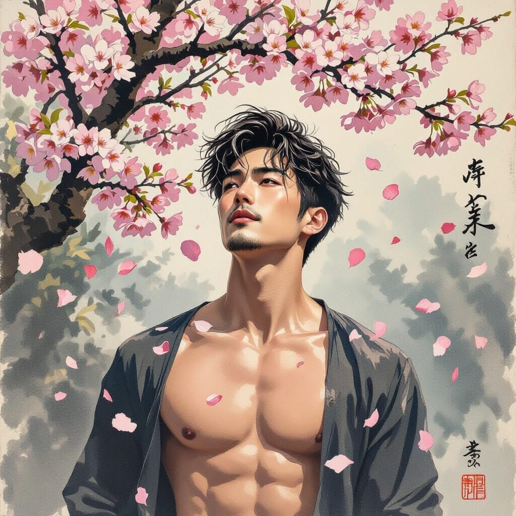 Shirtless Male in Japanese Ukiyo-e Style with Blossoms