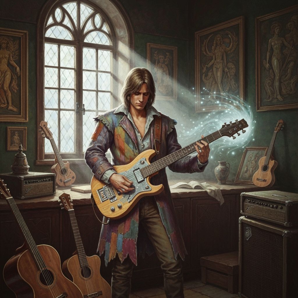 Solarpunk Minstrel Conjures Portal with Cyberpunk Guitar