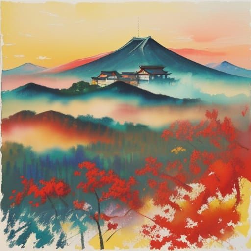 Vibrant Maximalist Cityscape in Golden Hour Light