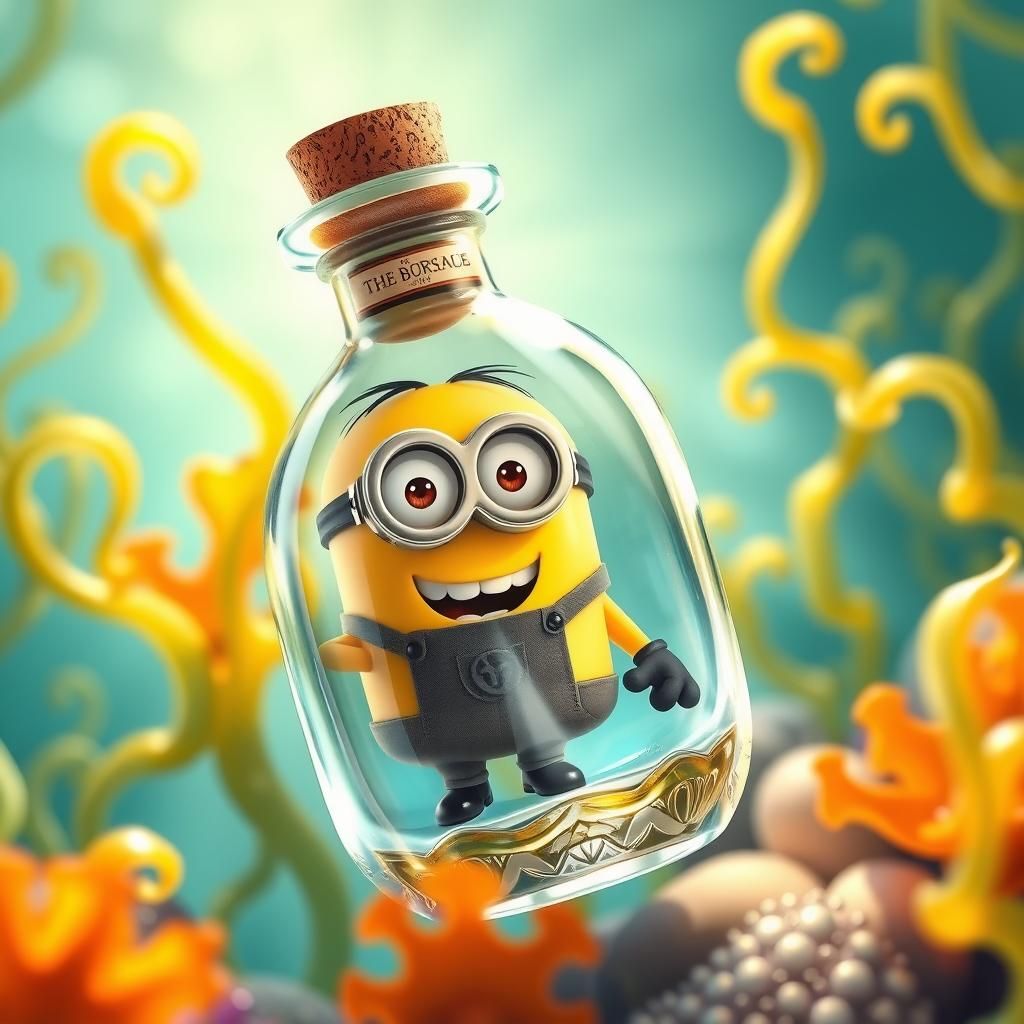 Cartoon Minion Trapped in Ornate Glass Bottle