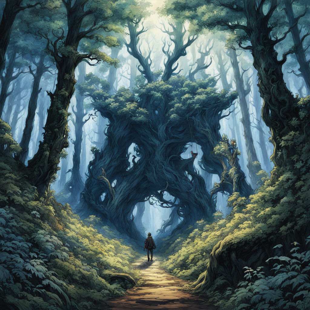 Surreal Forest Encounter in Whimsical Colors