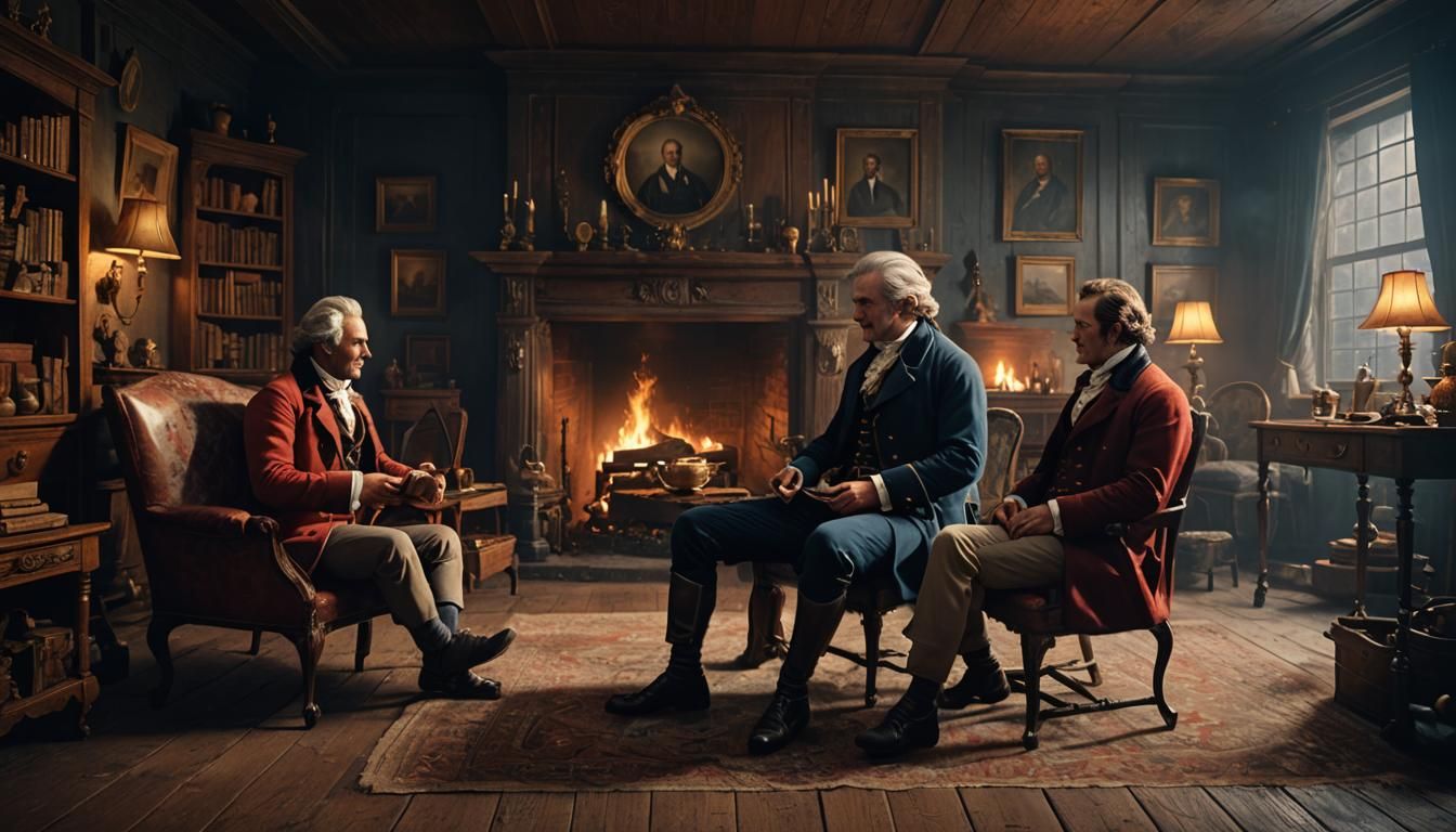 American Gentlemen Chatting by Fireplace: 18th Century Fanta...