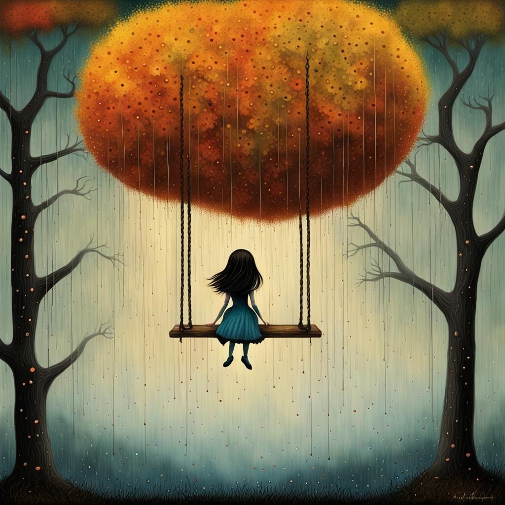 Surreal Girl on a Swing in the Rain