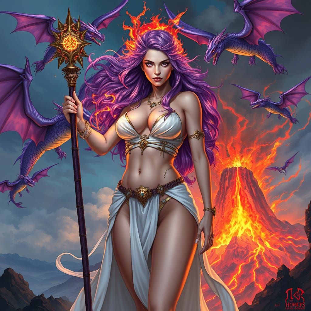 Violet Sorceress and Dragons Before Volcano